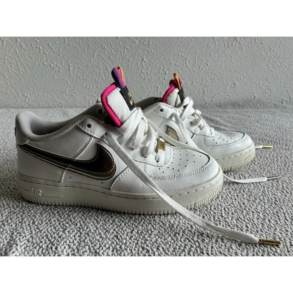 Nike Air Force 1 LV8 Double Swoosh White Gold Silver Sneakers Size 5.5Y - Picture 15 of 16